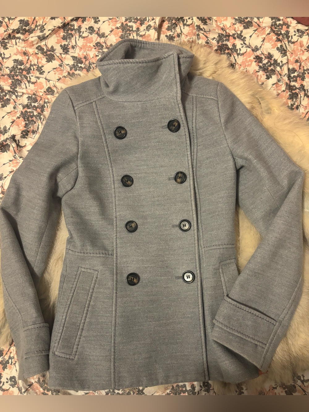 H&M Women's Light Gray High Neck Chic Double-Breasted Pea Coat Buttons to Top